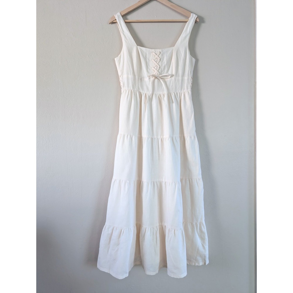 Paige Ophella Cream Tiered Midi Dress Square Neck Corset Lace Up Tie Waist Sz 4